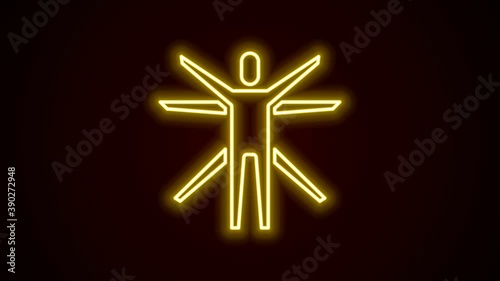 Glowing neon line Vitruvian Man by Leonardo Da Vinci icon isolated on black background. Human anatomy. 4K Video motion graphic animation photo