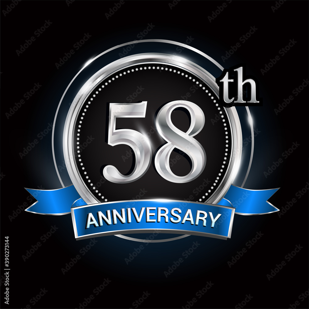 Celebrating 58th anniversary logo. with silver ring and blue ribbon. Celebrating 58th anniversary logo. with silver ring and blue ribbon.