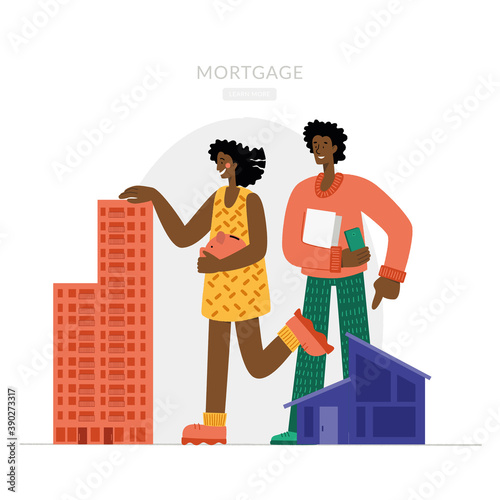 Black woman and man, choosing between house and apartment. The family buys a house with a mortgage. A young couple chooses a home. House Loan, Rent and Mortgage Concept.