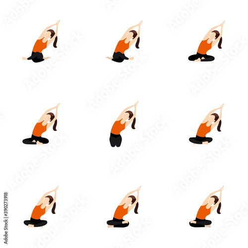 Seated side bend raising both hands yoga asanas set / Illustration stylized woman practicing sukhasana and other poses with side stretching