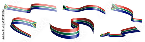 Set of holiday ribbons. flag of south africa waving in wind. Separation into lower and upper layers. Design element. Vector on white background