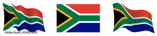 flag of south africa in static position and in motion, developing in wind in exact colors and sizes, on white background