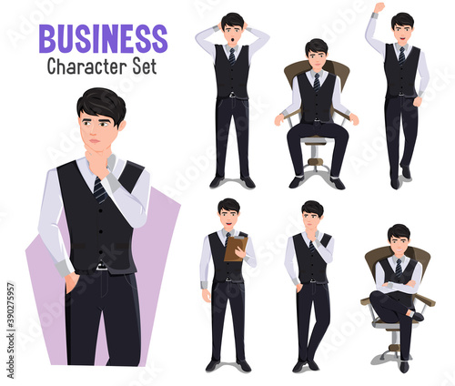 Business man character vector set. Businessman characters isolated in white background with thinking, standing and sitting pose and gestures for office worker cartoon design. Vector illustration.