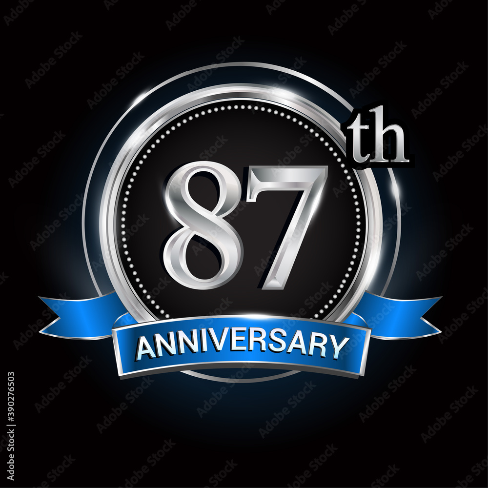 Celebrating 87th anniversary logo. with silver ring and blue ribbon. Celebrating 87th anniversary logo. with silver ring and blue ribbon.