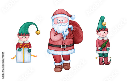 Christmas set Santa Claus and elves isolated on a white background. Cute new year characters. Watercolor illustration