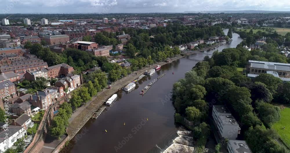 Aerial push in shot above the River Dee towards Chester Aerial push in shot above the River Dee towards Chester