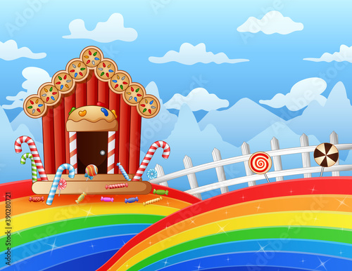 Illustration of sweet house of candy on a rainbow landscape