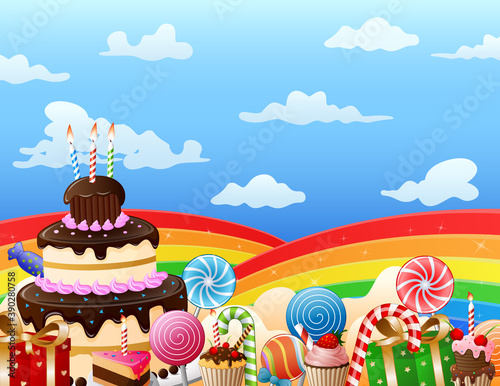 Sweet land with birthday cake and candies in the sky illustration