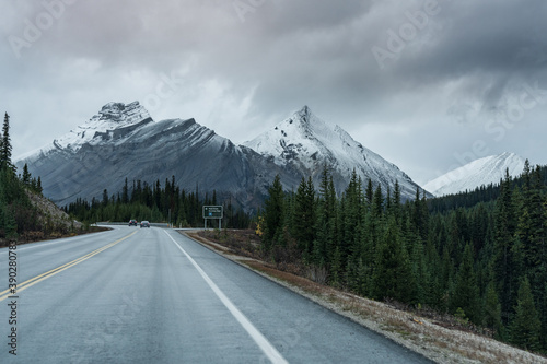 Snow-capped Nigel Peak in late autumn season. Seen from the Icefields Parkway (Alberta Highway 93), Jasper National Park, Canada.