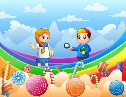 Kids on a rainbow and candies background