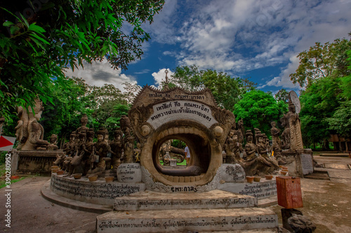 Sala Keoku-Nongkhai:June19,2020,the atmosphere inside the religious tourist site,there is a garden and a corridor around a large sculpture,tourists come to see the beauty of the holiday,Thailand photo