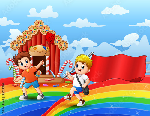 Happy boy playing in a sweet land illustration