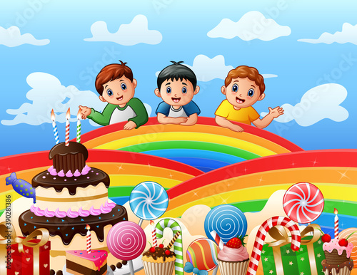 Three boys on a rainbow illustration