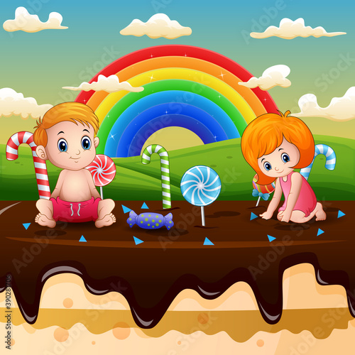 Little kids playing in a candy land illustration