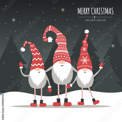 Vector Christmas card with gnomes. Season greeting. Scandinavian cute elves in red winter hats on black background. Nordic illustration in flat style.