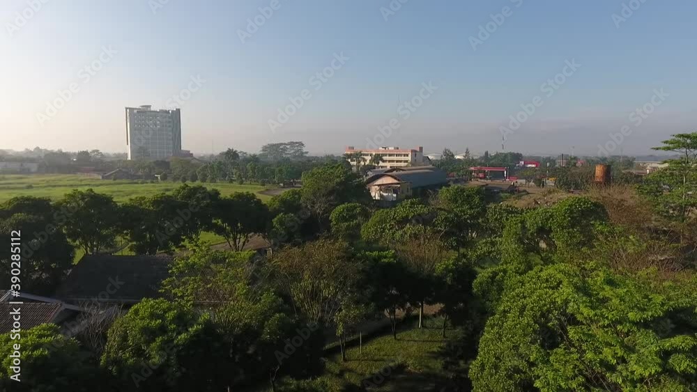 Green field and high trees in the suburban surrounding a factory building Green field and high trees in the suburban surrounding a factory building