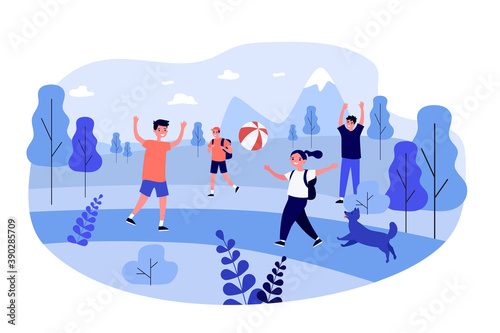 Happy people playing on nature. Ball, friend, park flat vector illustration. Healthy lifestyle and activity concept for banner, website design or landing web page