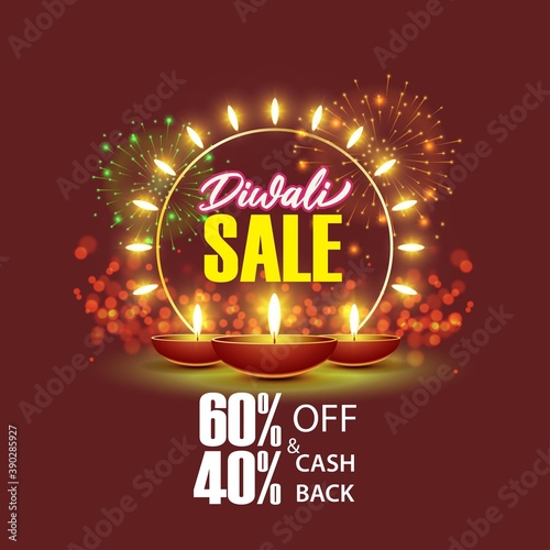Diwali Festive Season Sale banner, up to 50% cashback. Limited offer Dipawali, Indian festival, diya lamp, oil lamp, get an assured gift, vector illustration offer banner, advertisement