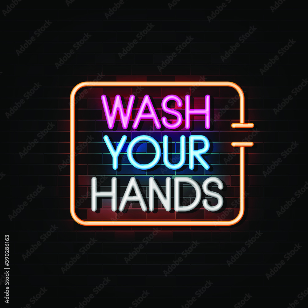 Wash your hands neon signs vector. Design template neon sign