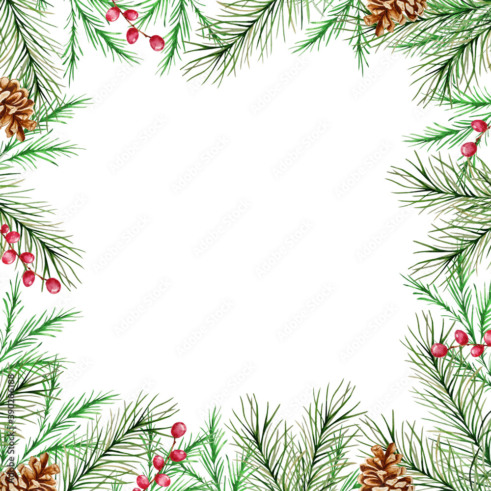 Watercolor Christmas frame with winter fir and pine branches