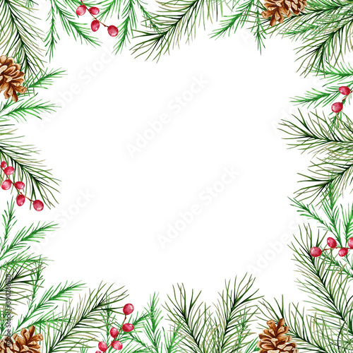 Watercolor Christmas frame with winter fir and pine branches © SvetaArt