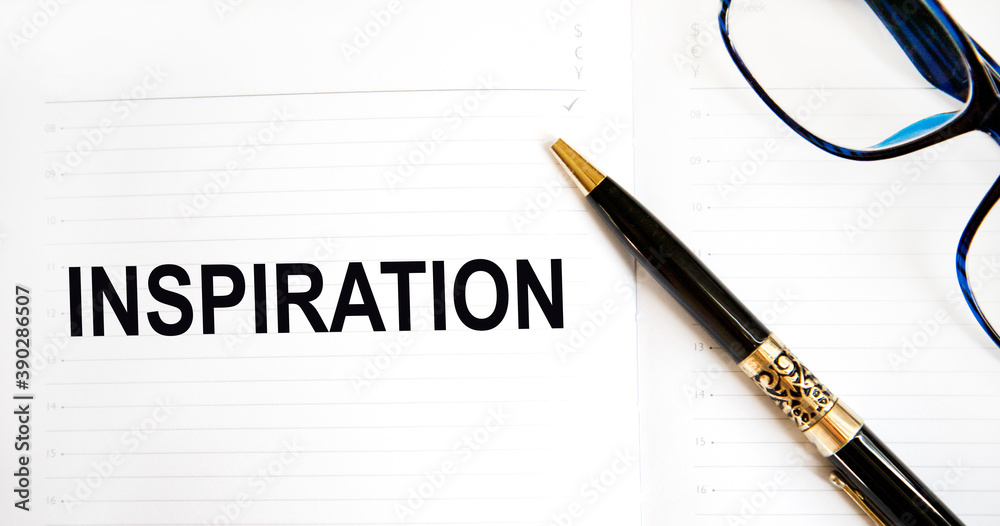 In the diary, inspiration text, pen, glasses.