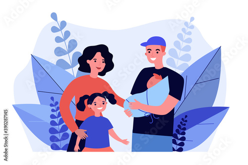 Happy family standing together. Newborn, mom, kid flat vector illustration. Childbirth and parenthood concept for banner, website design or landing web page