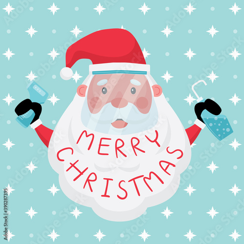 Christmas and new year festive collection feature light blue greeting card with merry christmas text on sata claus beard photo