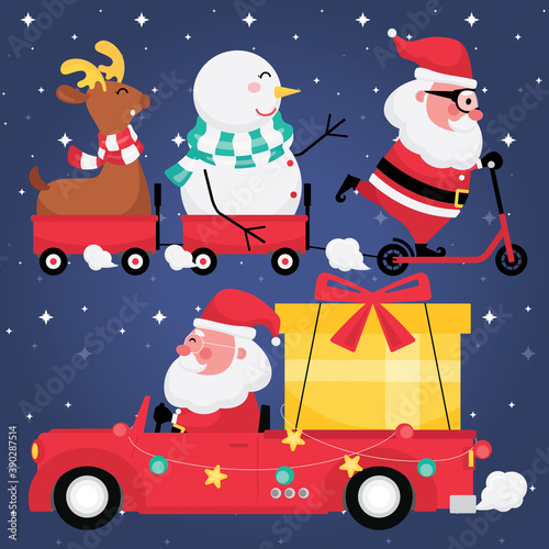 Christmas and new year festive collection feature picture set of santa claus with reindeer, snowman, red cart and gift on a car with dark blue background