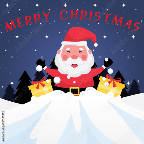 Christmas and new year festive collection feature dark blue greeting card with merry christmas text, santa claus, and yellow gift box