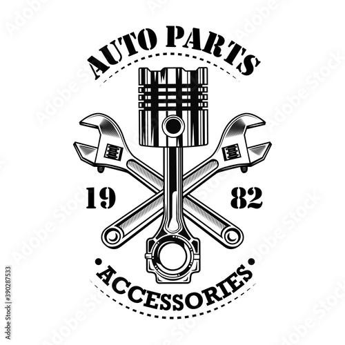 Vintage car parts vector illustration. Chrome piston, crossed wrenches build, auto parts and accessories text. Car service or garage concept for emblems or labels templates