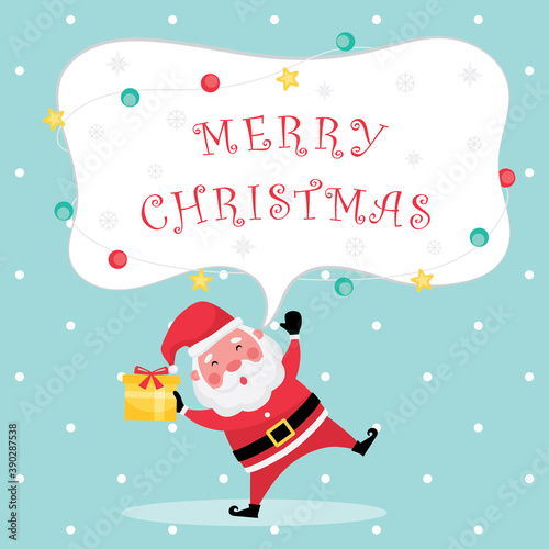 Christmas and new year festive collection feature light blue greeting card with merry christmas text, santa claus, and gift box