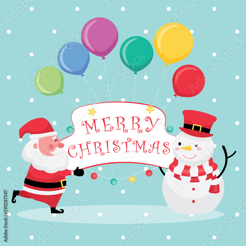 Christmas and new year festive collection feature light blue greeting card with merry christmas text, santa claus, snowman and colorful balloon