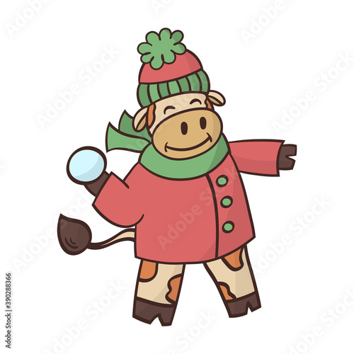 The bull plays in the snow in winter. Symbol of 2021