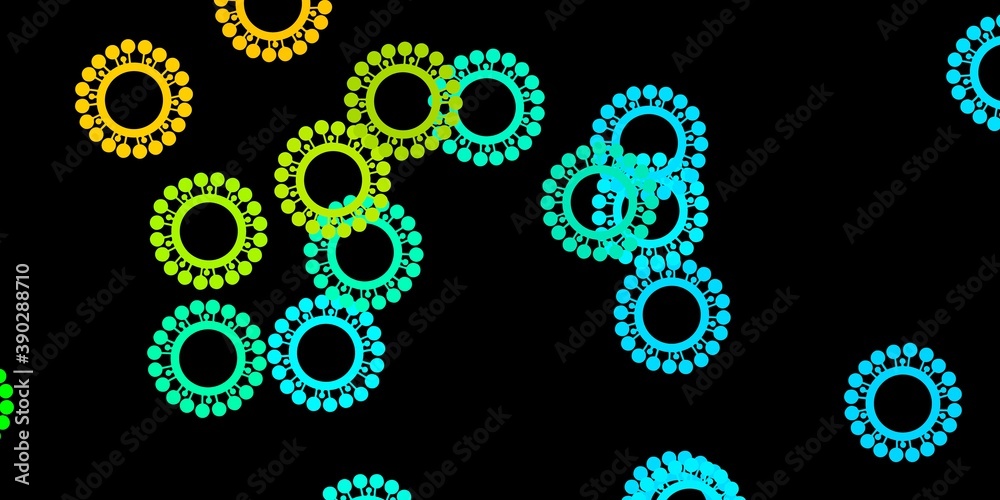 Dark blue, yellow vector background with covid-19 symbols. Dark blue, yellow vector background with covid-19 symbols.