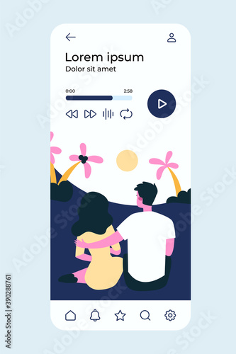 Young couple admiring sunset on beach. Dating man and woman spending vacation by sea flat vector illustration. Leisure, holiday, seaside concept for banner, website design or landing web page