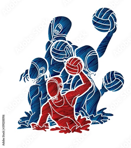 Group of water polo players  action cartoon graphic vector