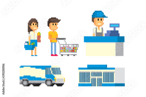 Hypermarket collection, seller, merchandiser, checkout, showcase, goods, transport. Pixel art. Old school computer graphic. 8 bit video game. Game assets 8-bit sprite. 16-bit.