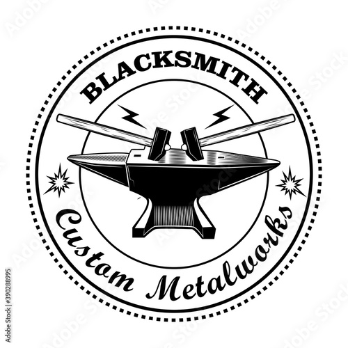 Blacksmith stamp vector illustration. Hammers and anvil, round frame with text. Craft and metalwork concept for emblems or labels templates