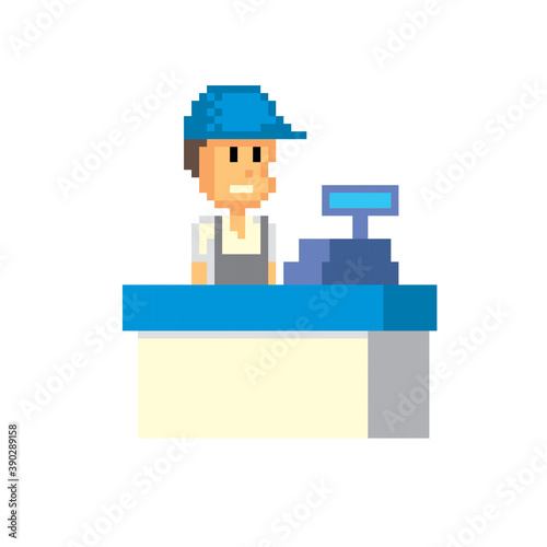 The seller stands behind the cash register in a store, supermarket. Pixel art. Old school computer graphic. 8 bit video game. Game assets 8-bit sprite. 16-bit.