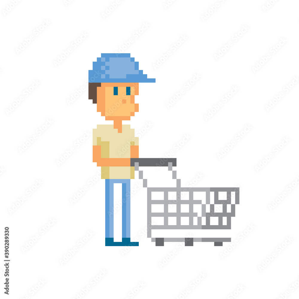 Male shopper with a shopping cart. Pixel art. Old school computer graphic. 8 bit video game. Game assets 8-bit sprite. 16-bit.