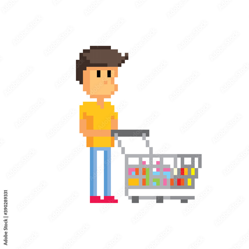 Male shopper with a full shopping cart. Pixel art. Old school computer graphic. 8 bit video game. Game assets 8-bit sprite. 16-bit.