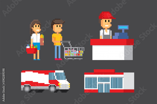 Hypermarket collection, seller, merchandiser, checkout, showcase, goods, transport. Pixel art. Old school computer graphic. 8 bit video game. Game assets 8-bit sprite. 16-bit. © Grigoriy