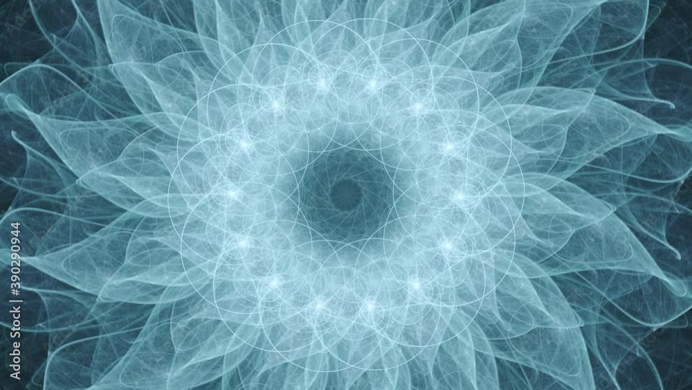 Abstract lotus flower like mandala with endless looping geometry, sacred lines and flower petal patterns.