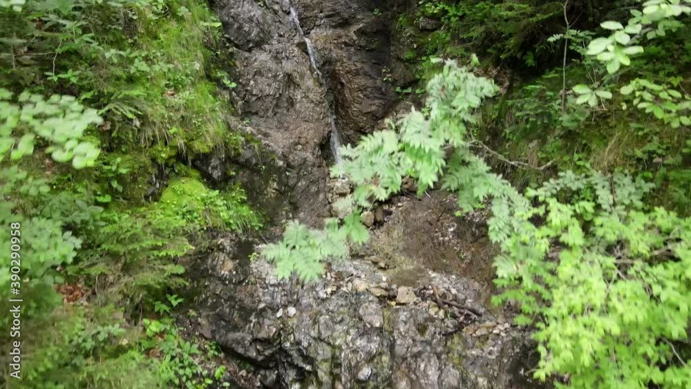 Water flowing down some rocks, waterfall, aerial drone shot, downwards movement Water flowing down some rocks, waterfall, aerial drone shot, downwards movement