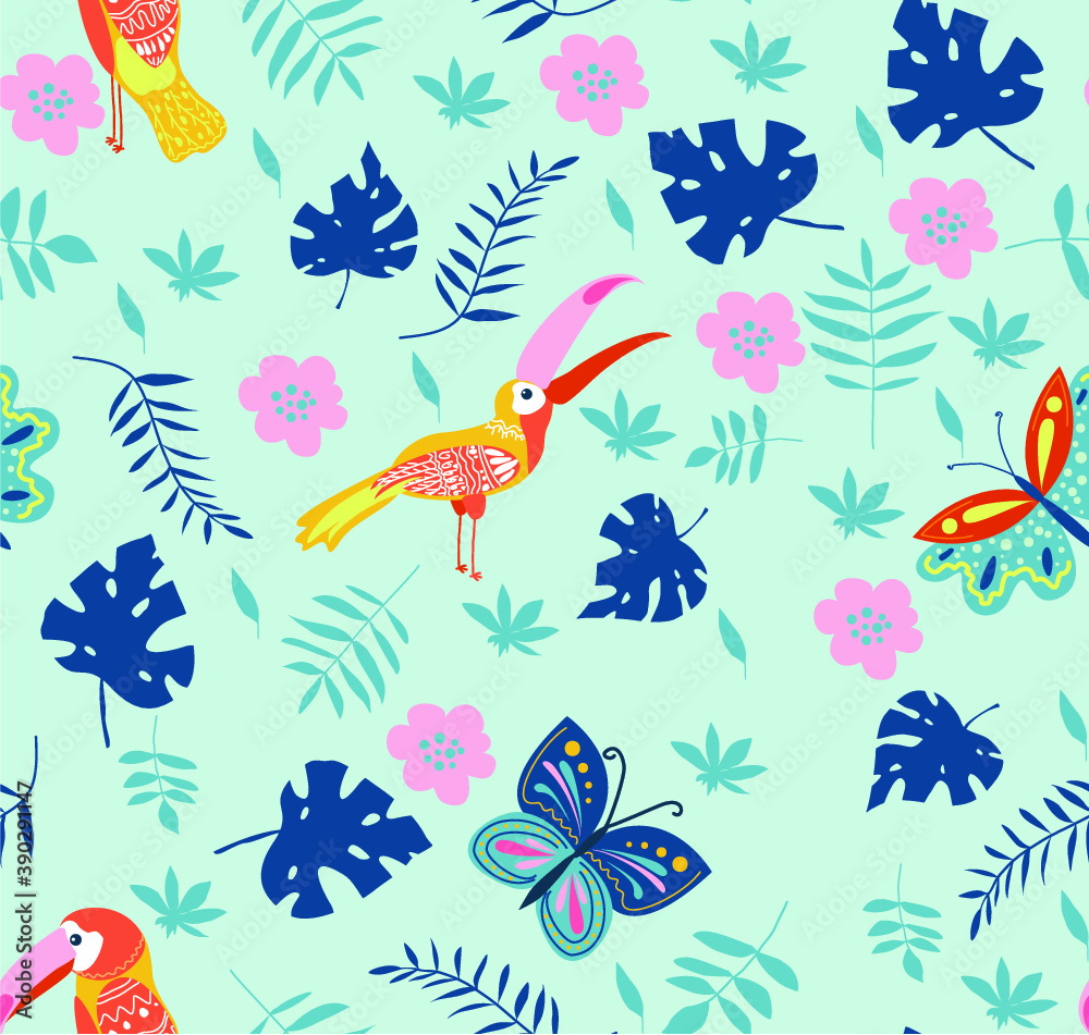 Obraz premium Vector illustration with toucans and butterflies. Hand drawn drawing about birds and insects. Seamless pattern for boys and girls. Children's design template for fabrics and textiles