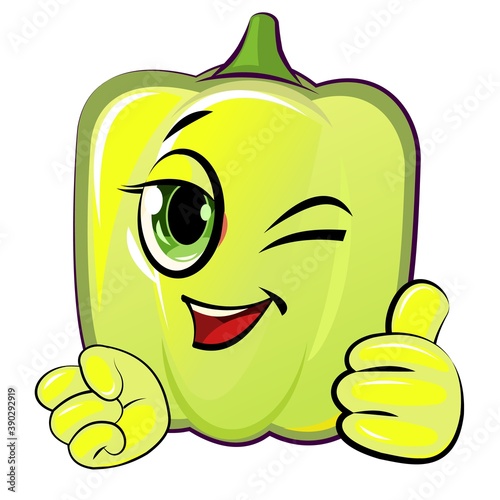 Bell pepper with a cheerful face. A green ripe vegetable smiles and winks. Flat cartoon style. Object isolated on white background. Vector