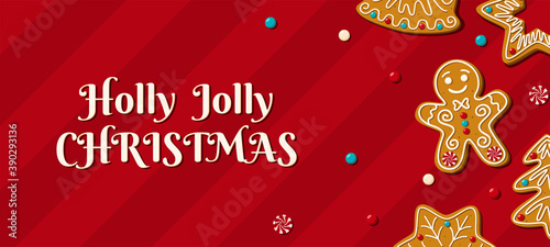 Christmas cards with homemade gingerbread cookies on a red background. Holly Jolly Christmas phrase. Vector illustration