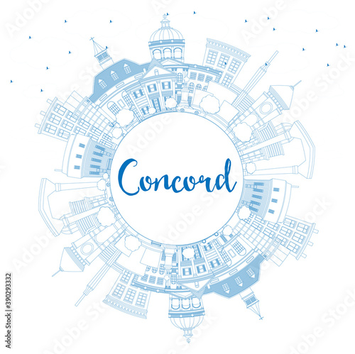 Outline Concord New Hampshire City Skyline with Blue Buildings and Copy Space.