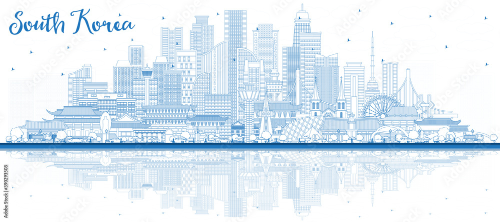 Outline South Korea City Skyline with Blue Buildings and Reflections.